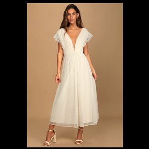 LuLus Yours Evermore Cream Swiss Dot Ruffled Midi Dress